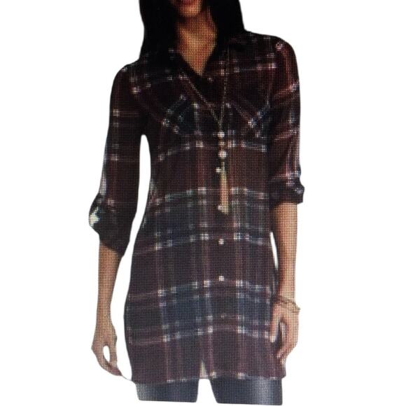 Charlotte Russe Plaid Button Up Shirt Semi Sheer Tunic Grunge 90s Size Small - Picture 1 of 15